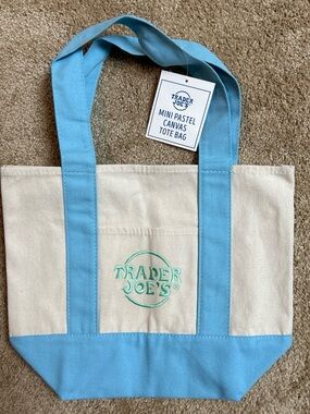 Trader Joe's Mini Canvas Tote Bag in Light Blue and Cream